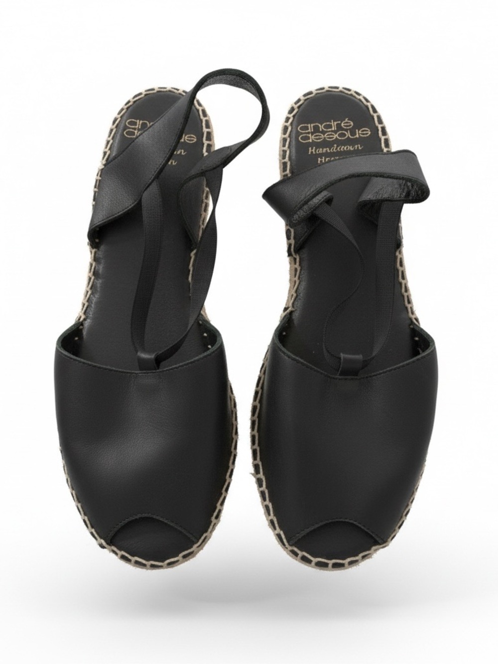Andre Assous Black Leather Espadrille Slingback Sandals with Jute Trim